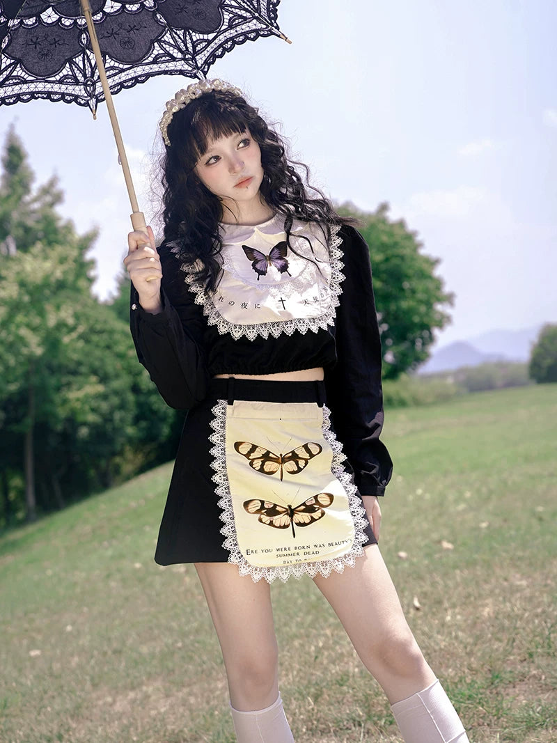 Graphic Print Lace Ruffle Skirt