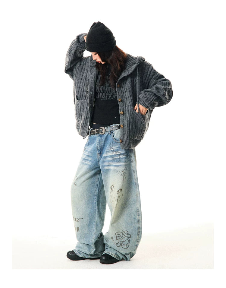 Hooded Button Oversize Cable Knit Cardigan