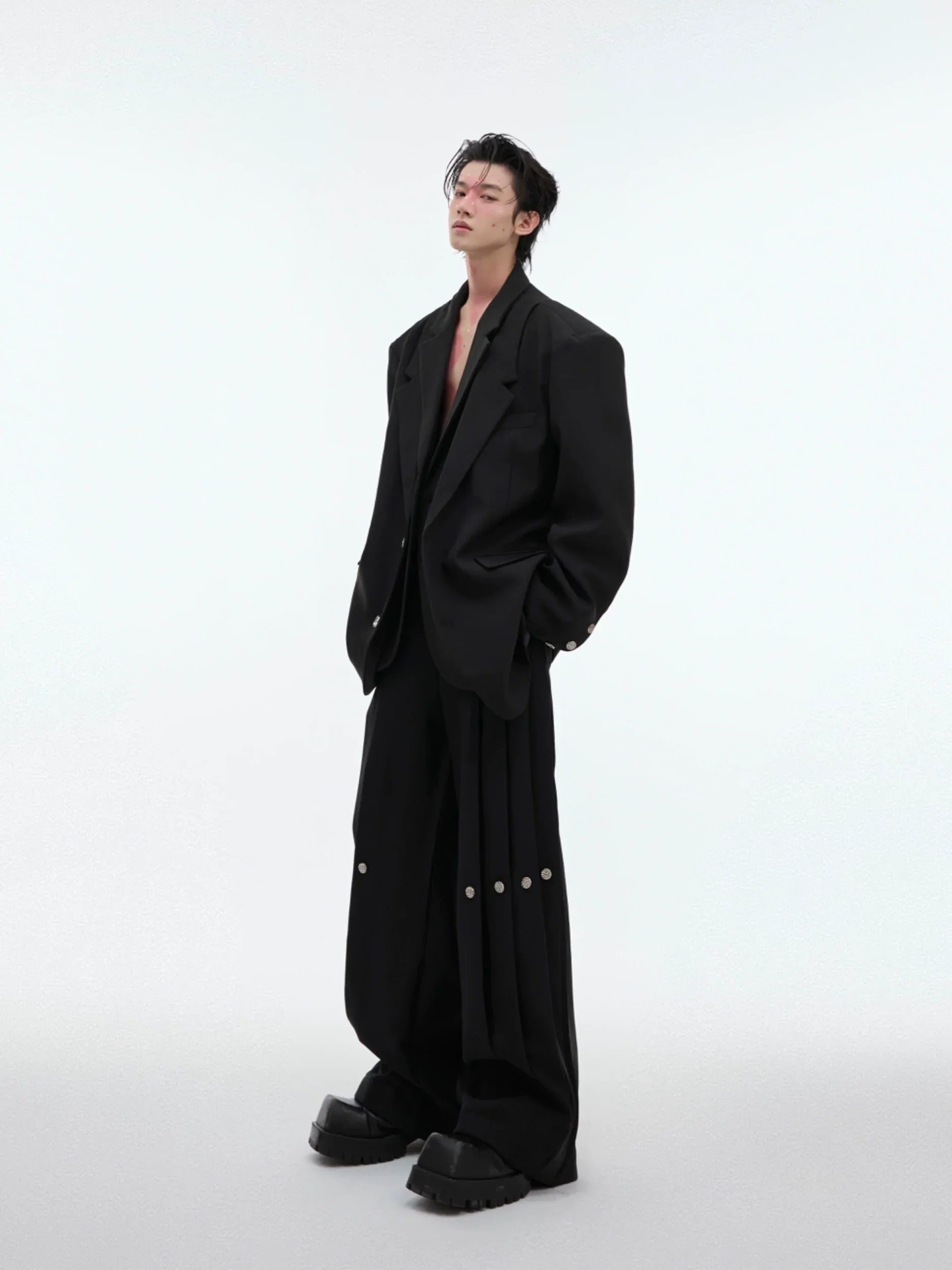 Double-layer Design Oversize Tailored Jacket & Wide Leg Pleats Trousers Setup