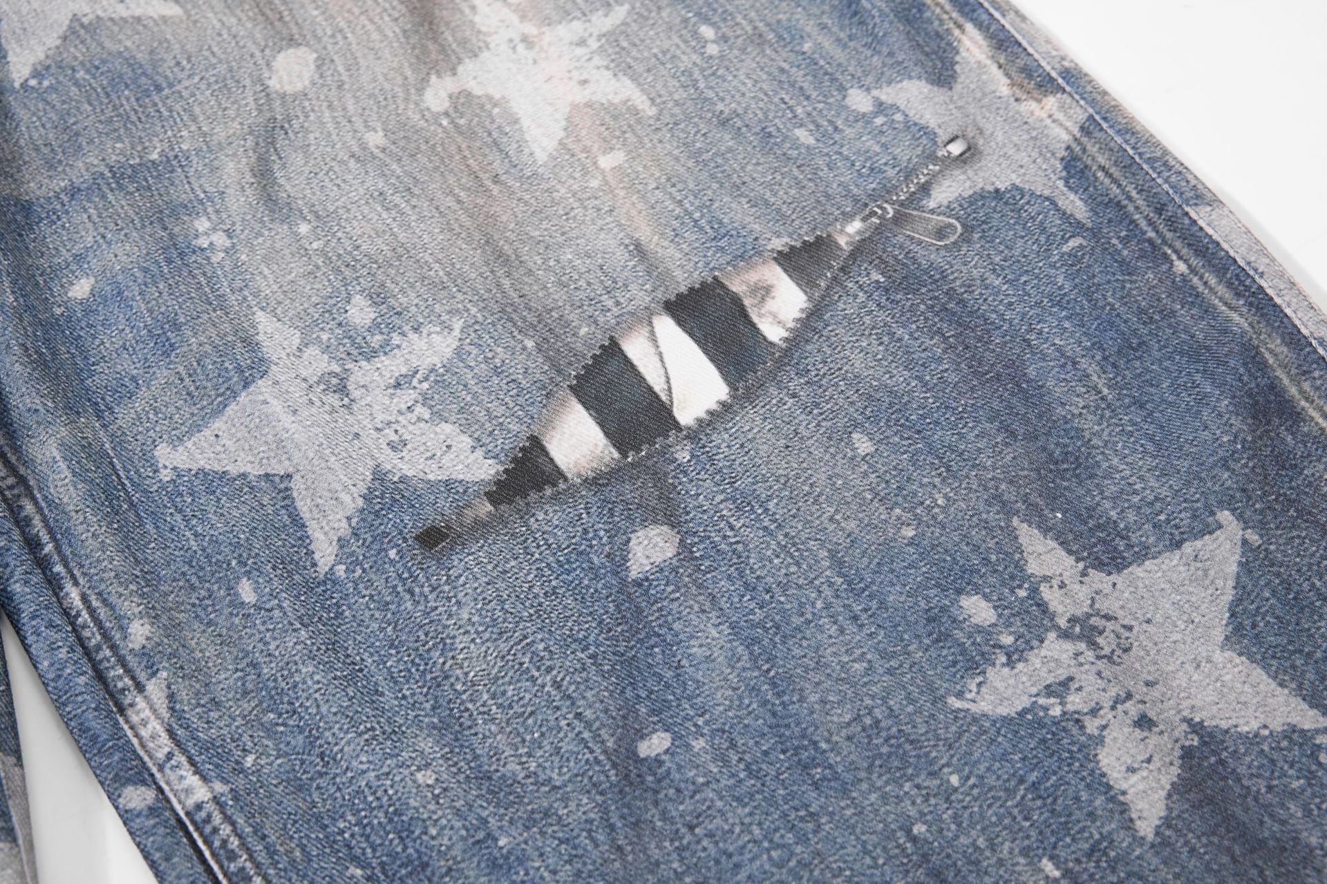 Star Print Fake Layered Curved Wide Leg Denim Jeans