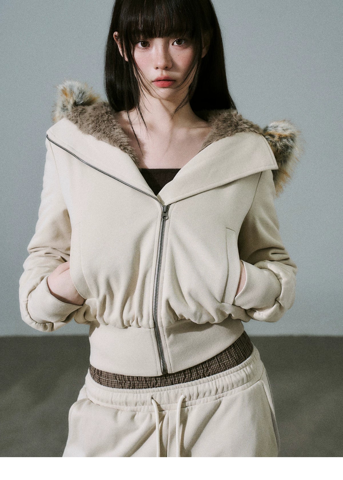 Fake Fur Hooded Zip-Up Jacket & Seatpants Setup