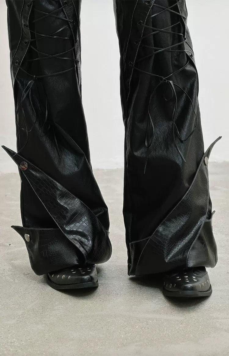 Original Design Lace-Up Double Waistband Structural PU Leather Pants
