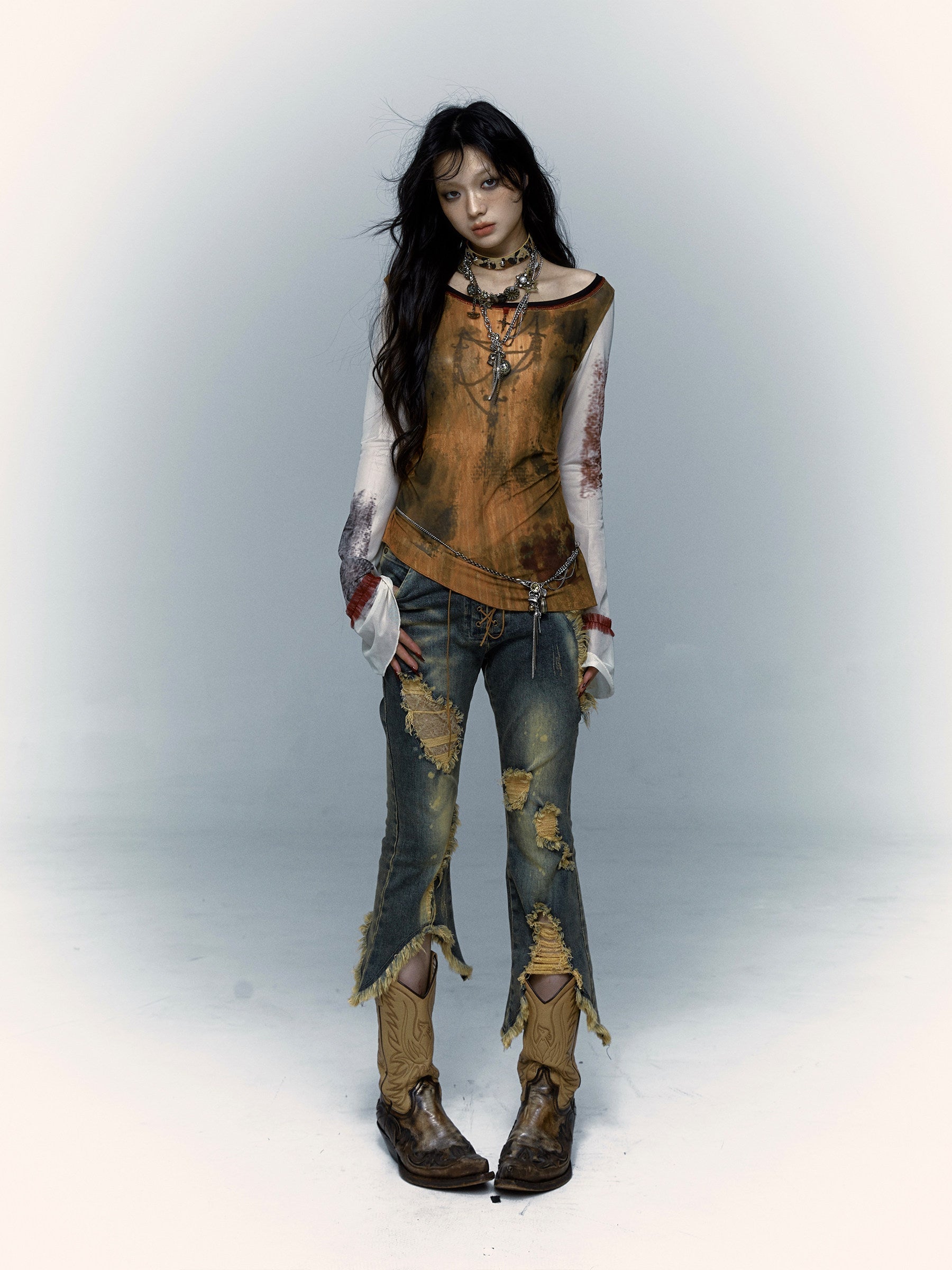 Damage Asymmetric Flare Denim Jeans