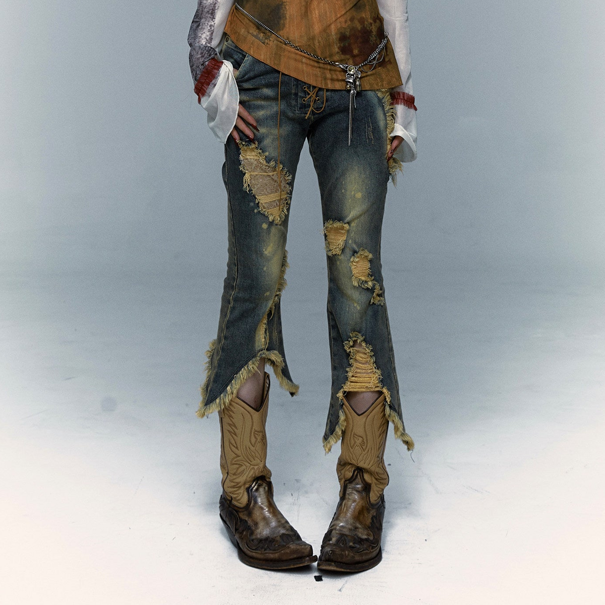 Damage Asymmetric Flare Denim Jeans