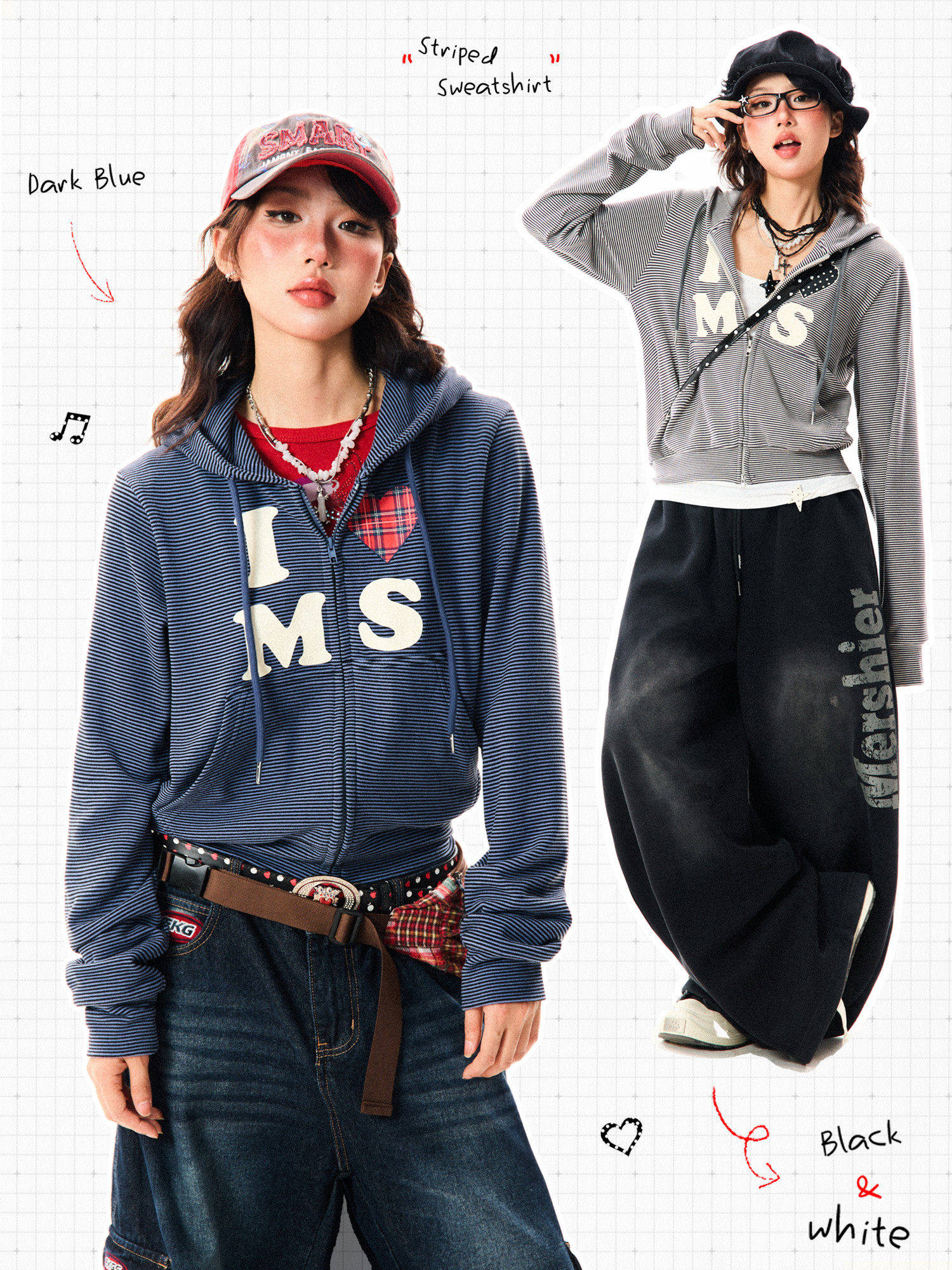 Heart Letter Print Stripe Cropped Zipper Hoodie