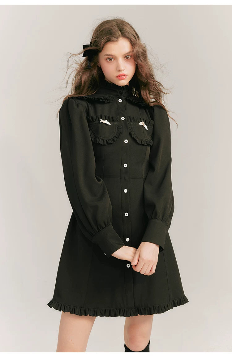 Double Neck Long Sleeve Shirt Dress