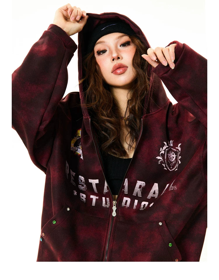 Tie-Dye Letter Print Oversize Zipper Hoodie