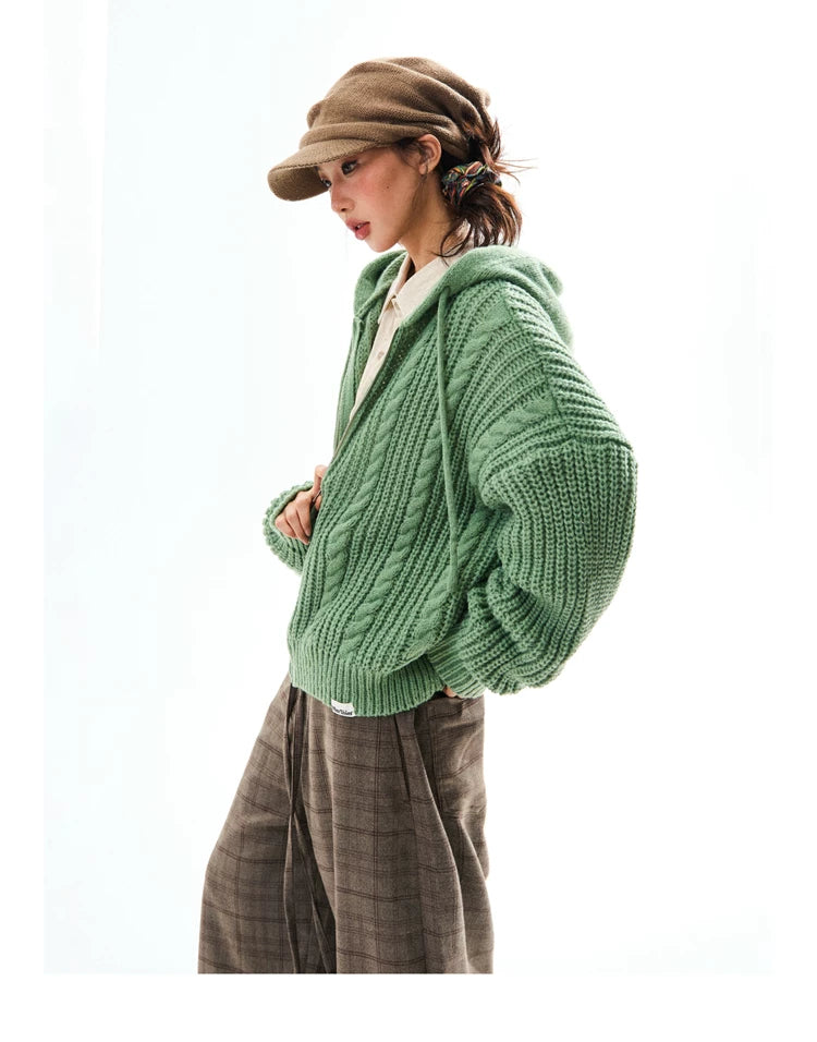 Chunky Knit Zipper Hooded Oversize Cardigan