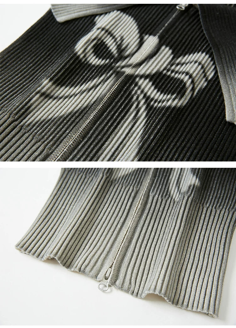 Bow Gradient Print Zipper Knit Sweater