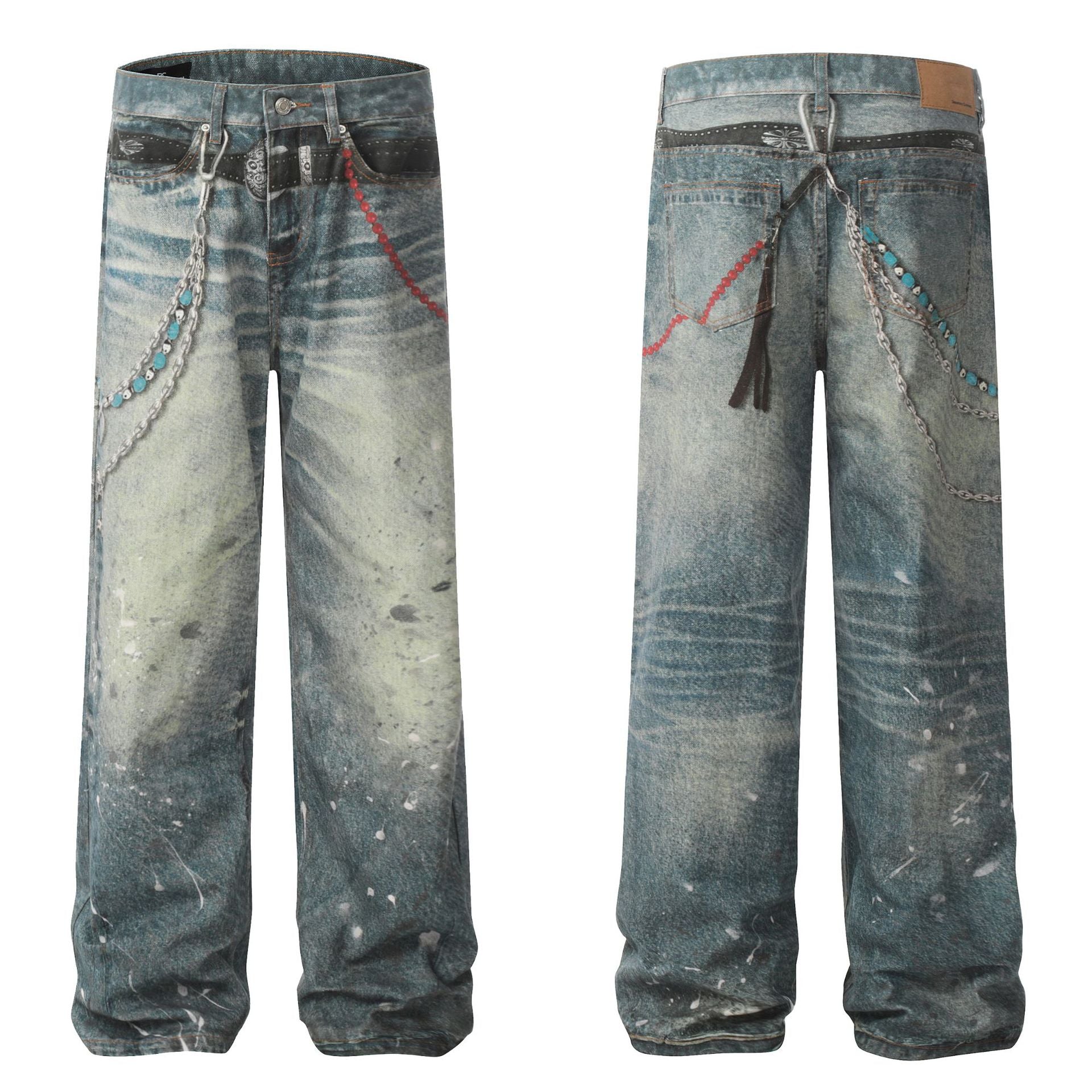 Washed Damage Wide Leg Straight Denim Jeans
