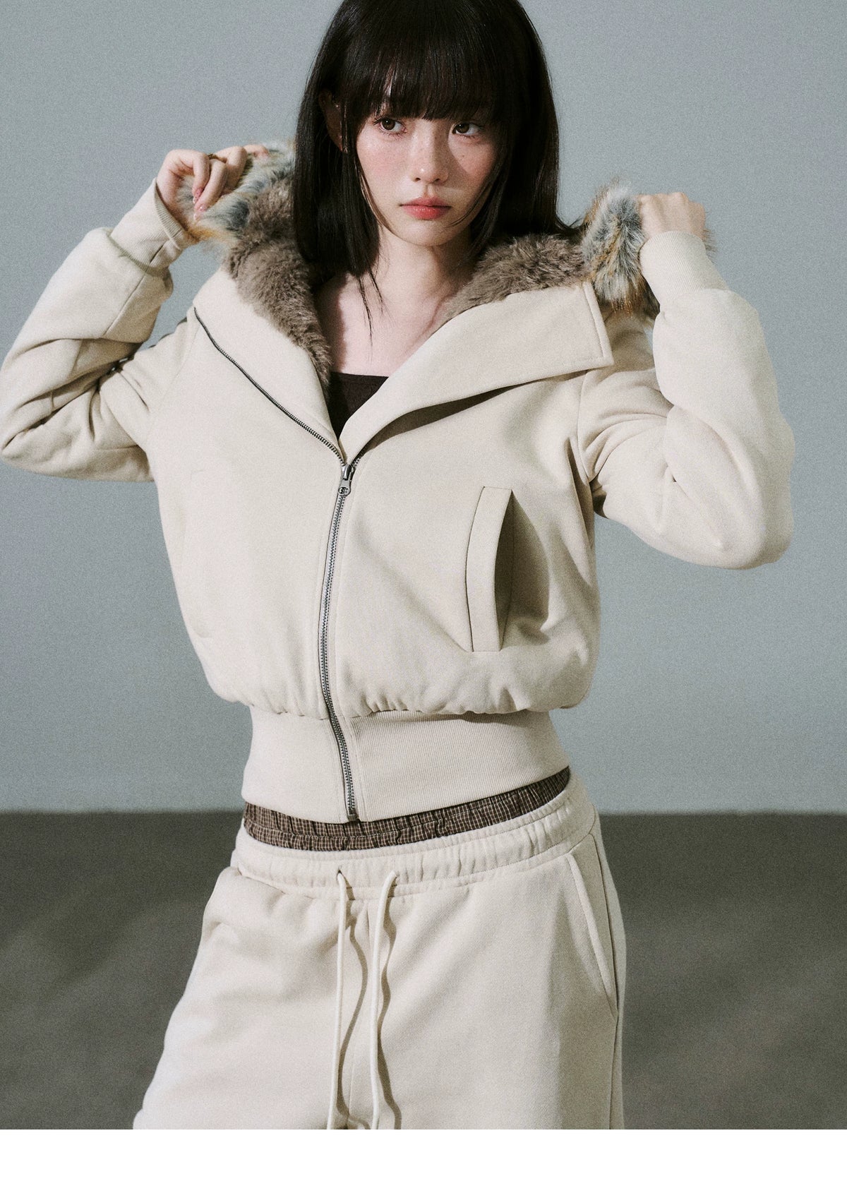 Fake Fur Hooded Zip-Up Jacket & Seatpants Setup