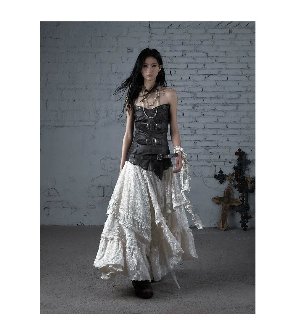 Asymmetric Lace Layered Belt Detail Skirt