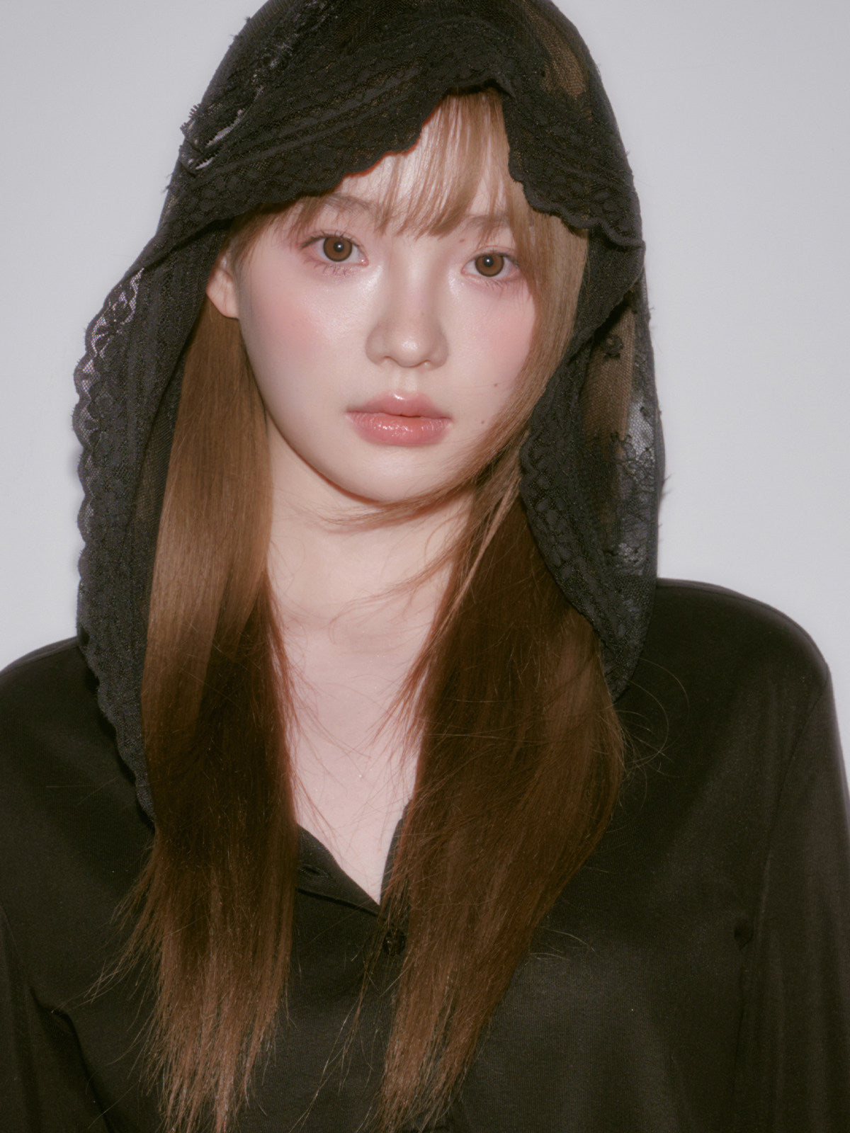 Lace Bow Hooded Long Sleeve Lyocell Shirt