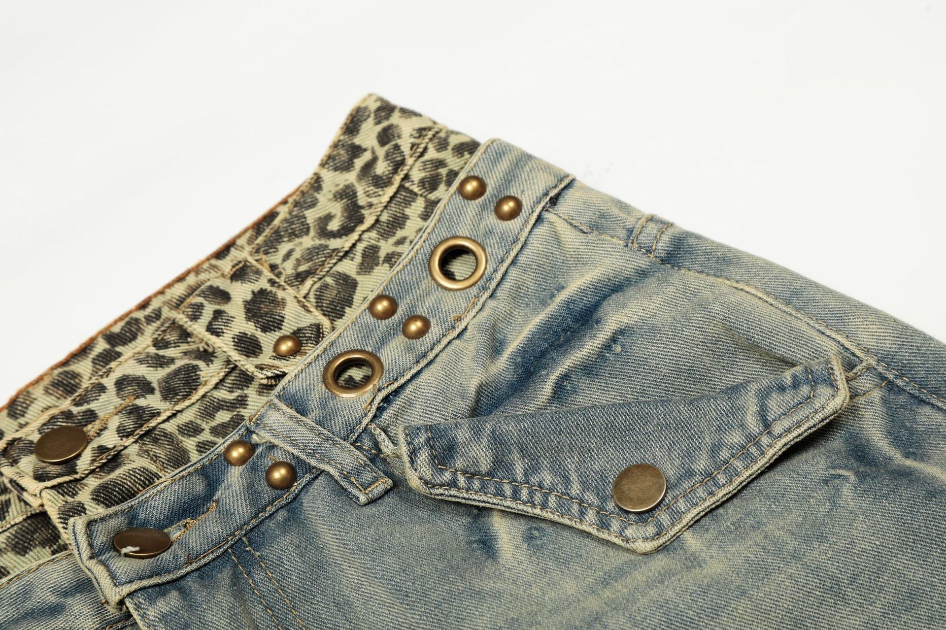 Leopard Waistband Washed Whisker Wide Leg Denim Jeans