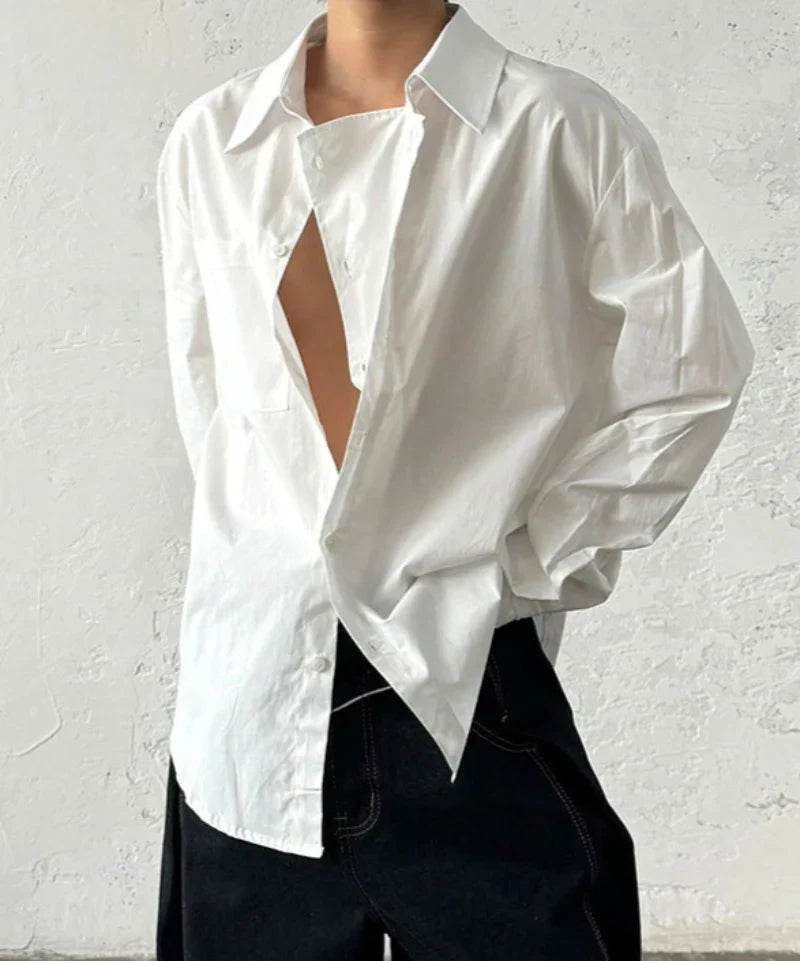 Minimalist Design Double Placket Layered Button Long Sleeve Shirt
