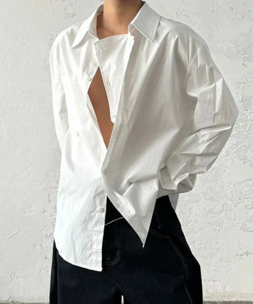 Camisa de Manga Longa com Botões e Sobreposição de Vista Dupla em Design Minimalista - Branco / M