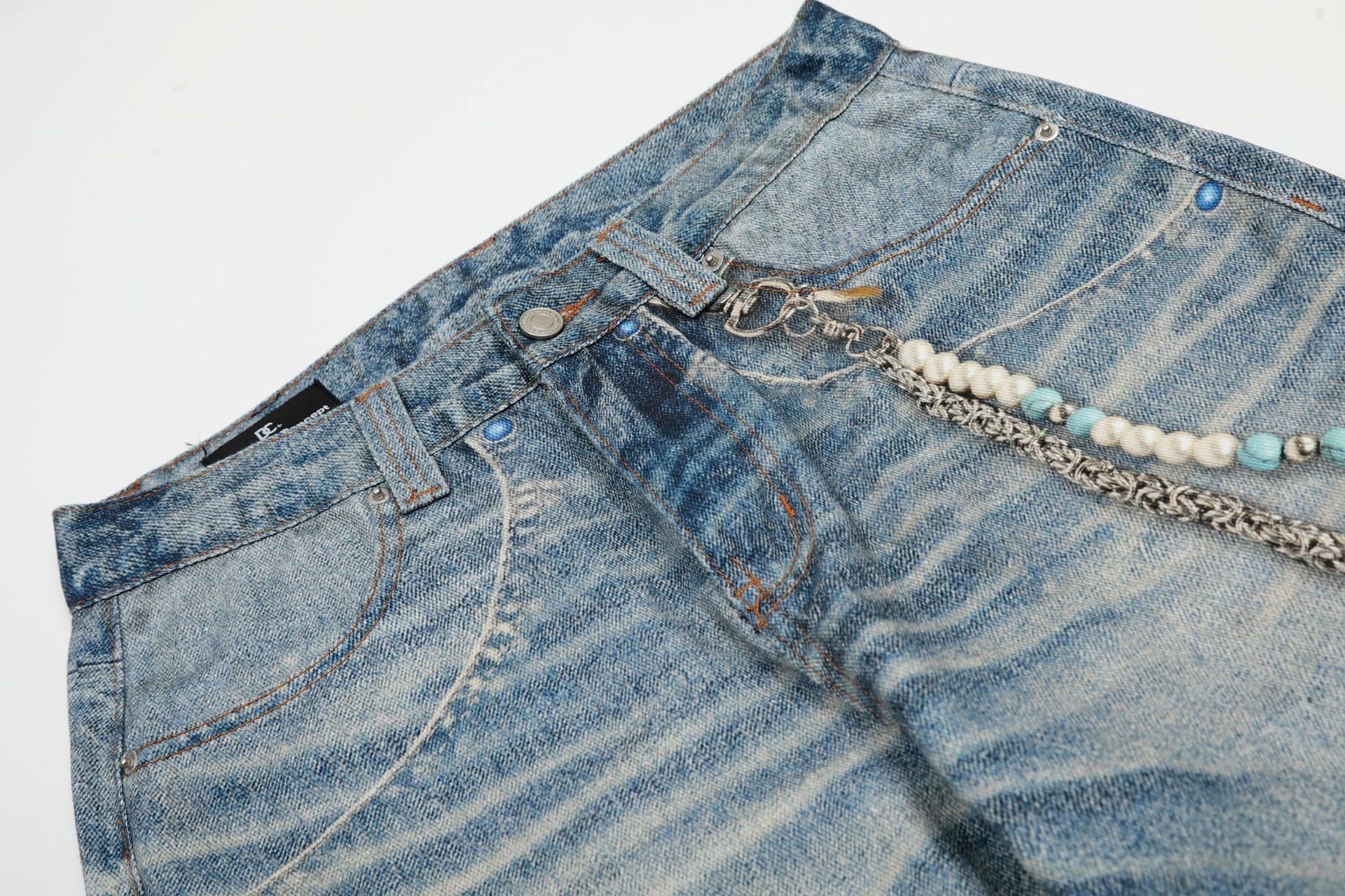 Digital Print Chain Wide Leg Denim Jeans