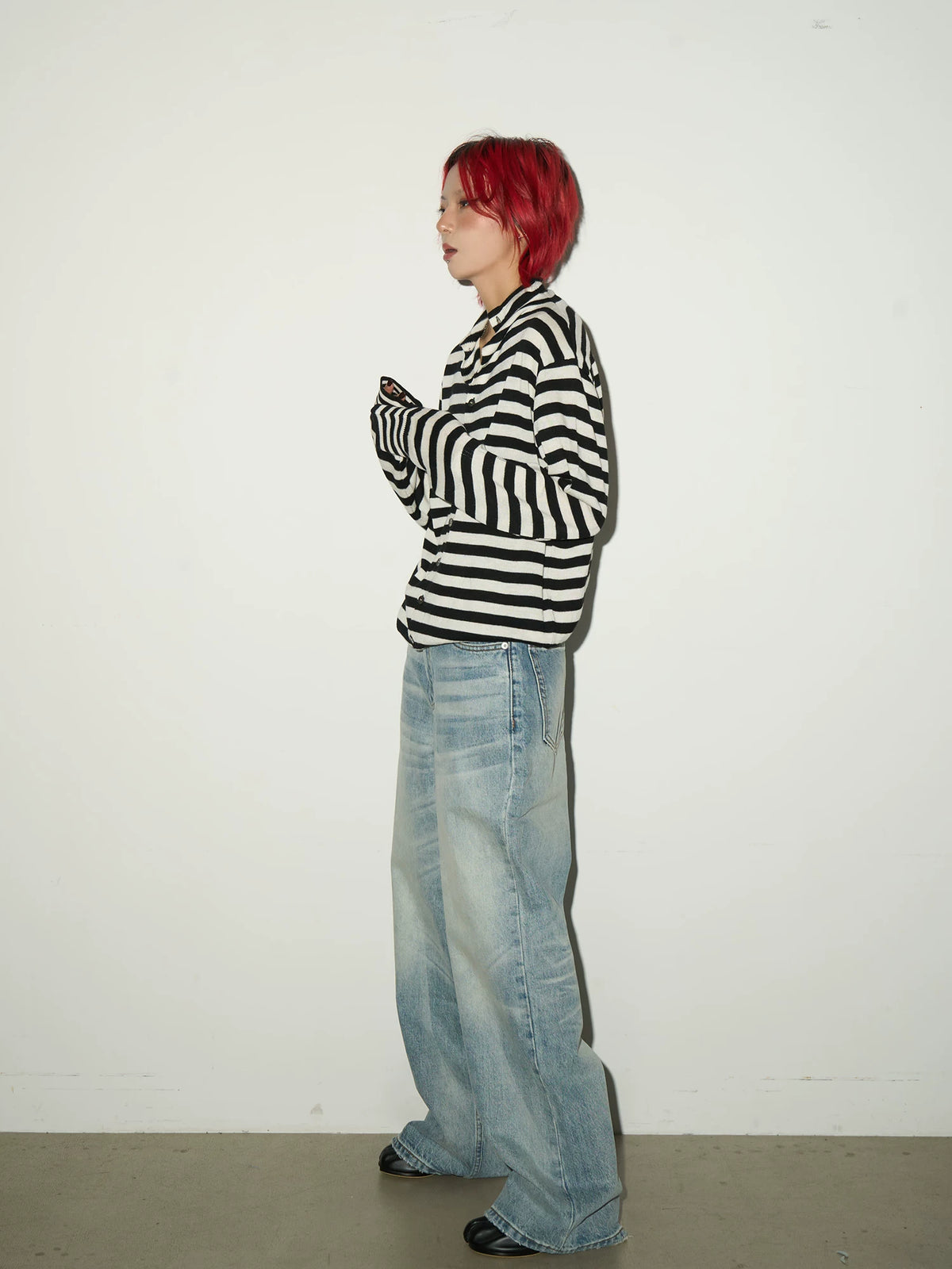 Contrast Stripe Wool Knit High-Neck Cardigan