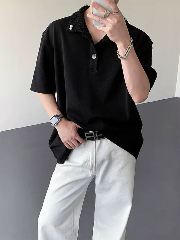 Fake Fur Collar Pearl PatchShort Sleeve Polo Shirt
