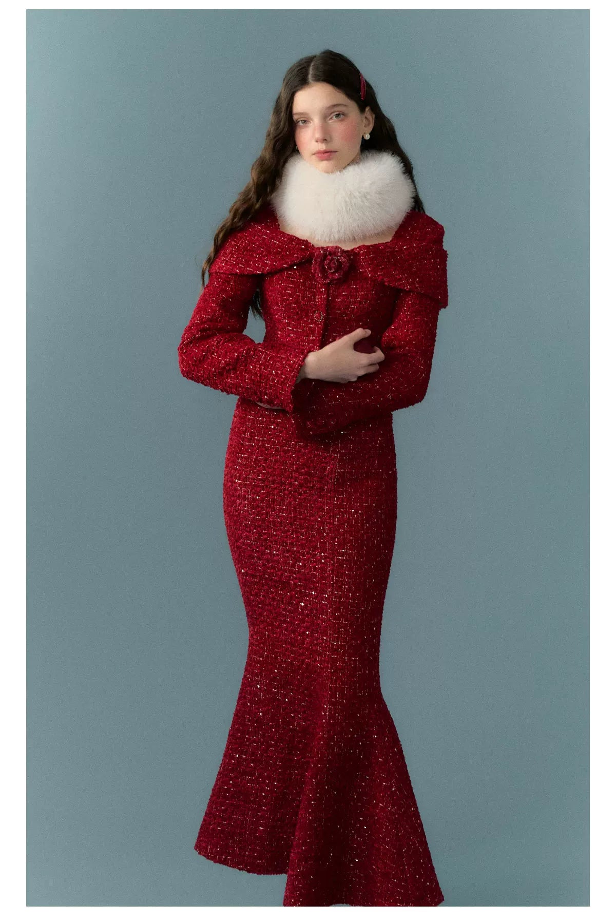 Short Tweed Jacket & Tweed Short Skirt & Tweed Fishtail Long Skirt & Fur Scarf Setup