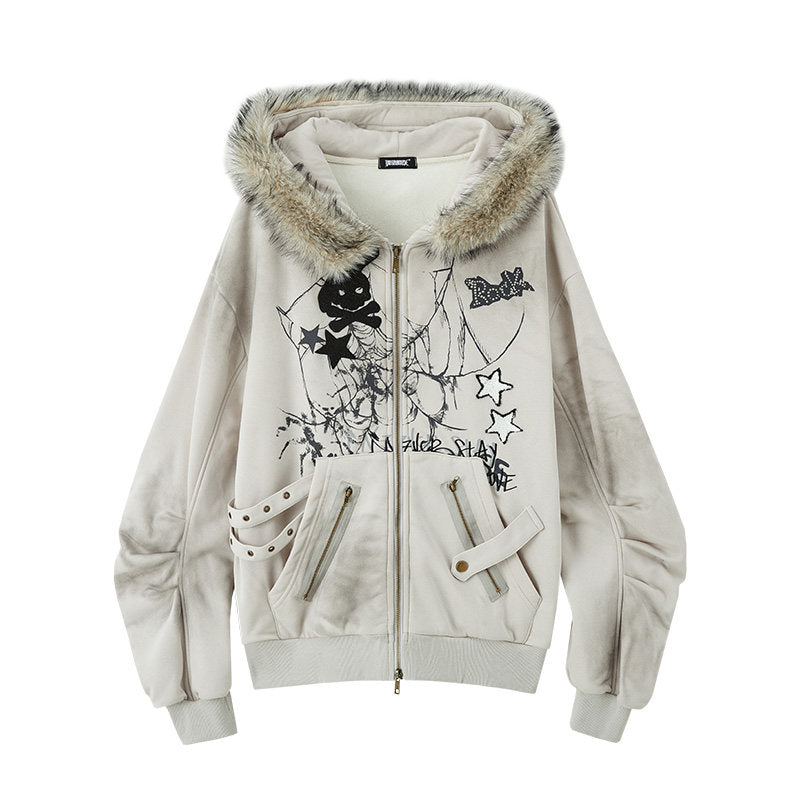 Graphic Fake Fur Hood Bunny Ear Zipper Hoodie Jacket