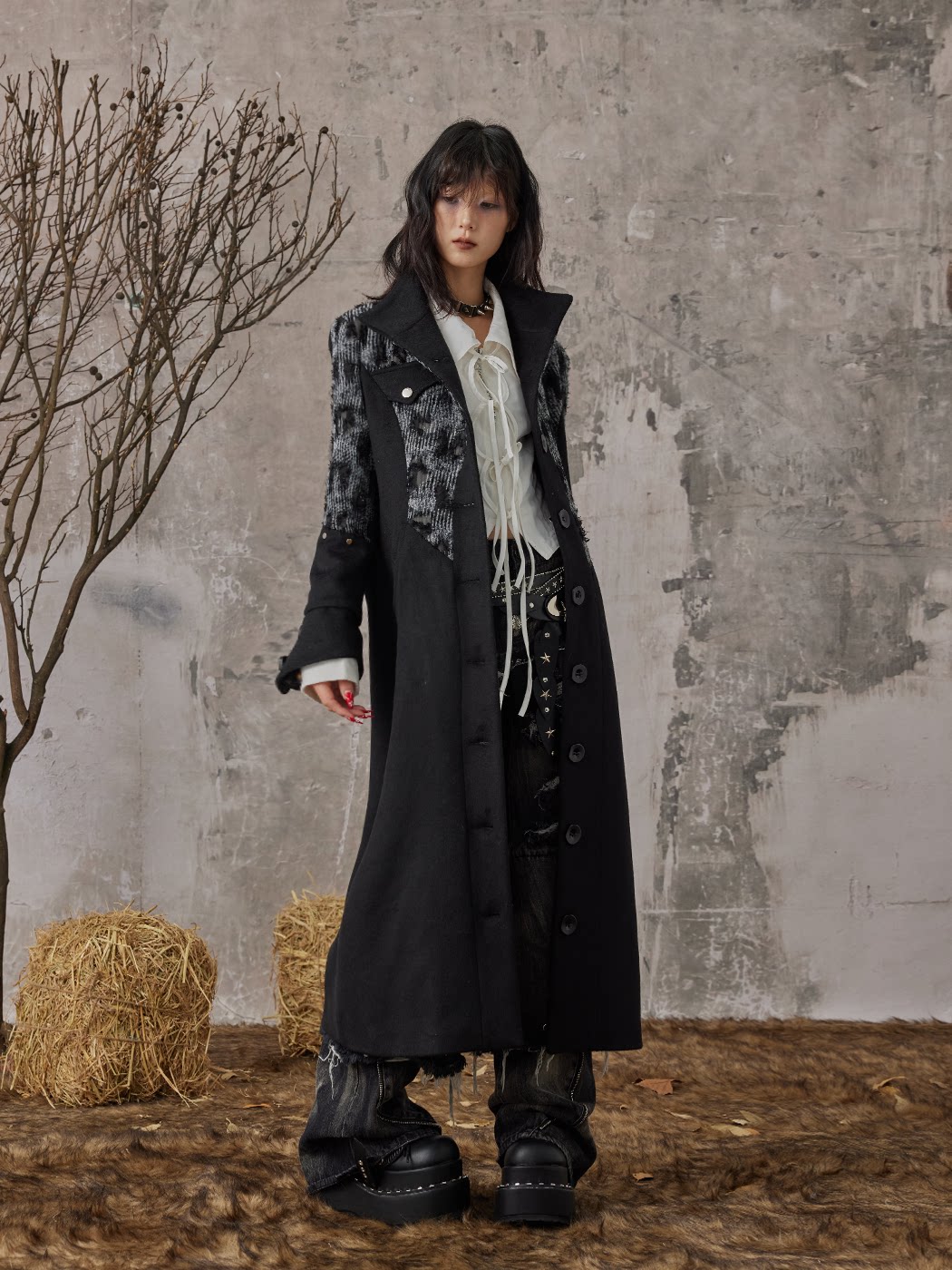 High-Neck Studs Patchwork Wool Coat
