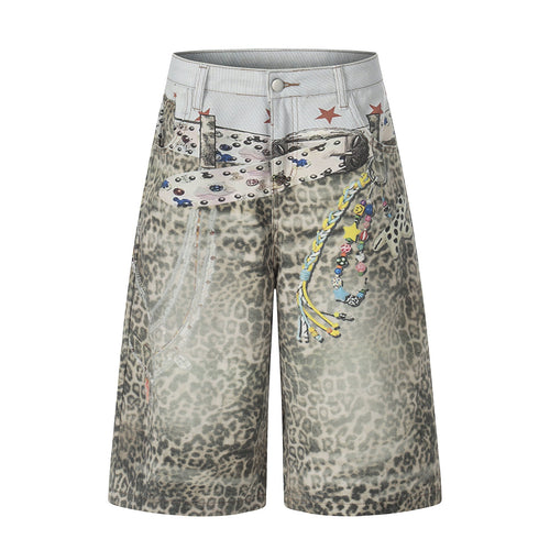 Short en jean large à imprimé léopard sur l'ensemble - Gris / S