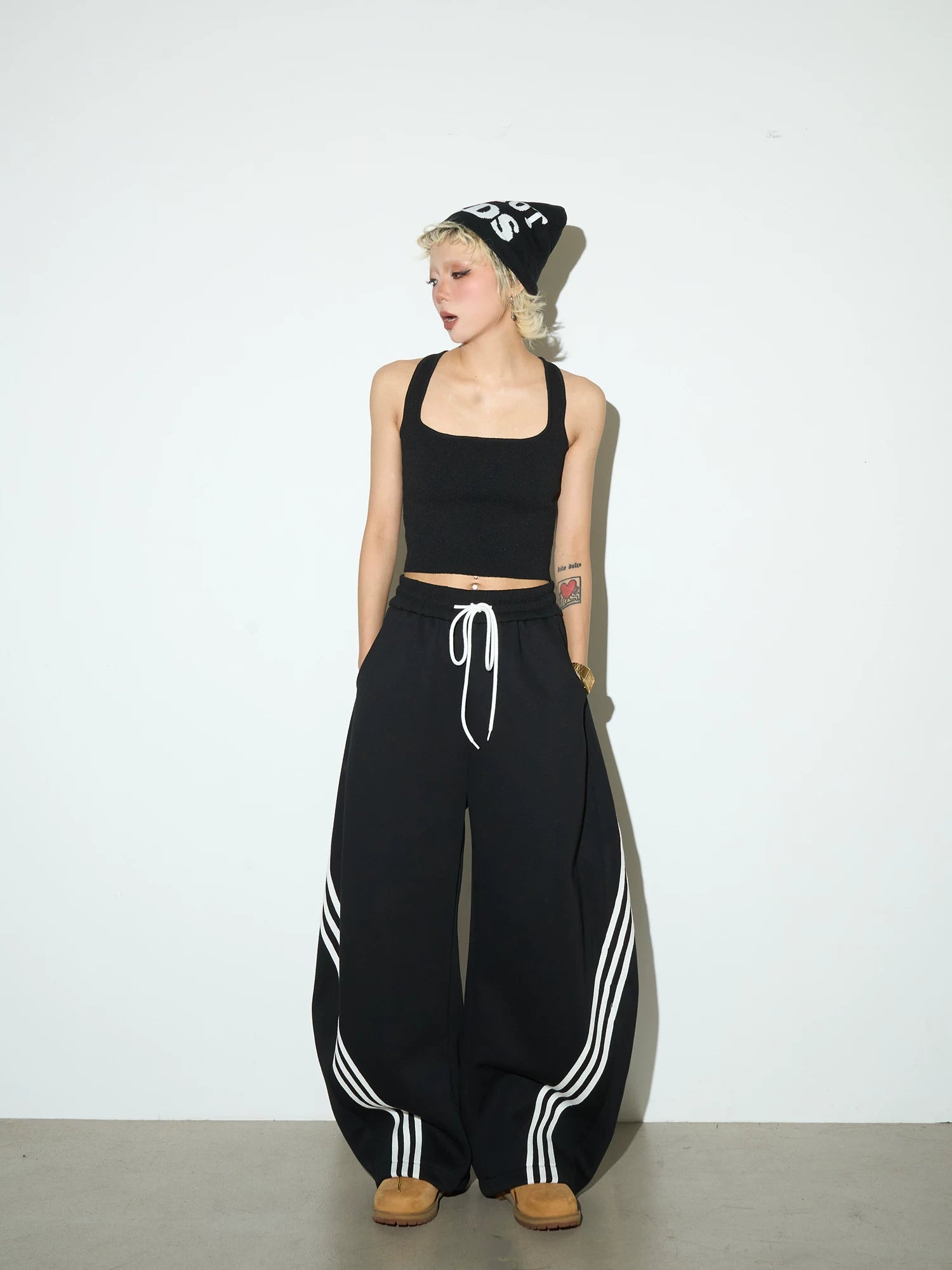 Stripe Contrast Drawstring Wide Leg Sweatpants