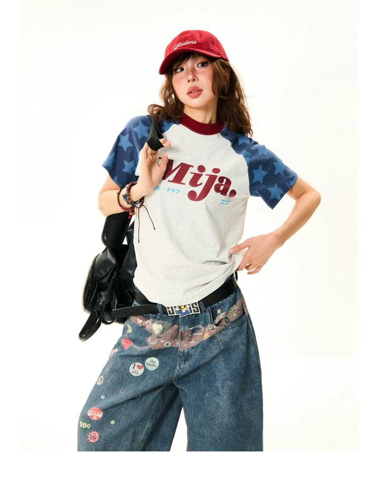 Raglan Sleeve Letter Print Fitted Short Sleeve T-Shirt