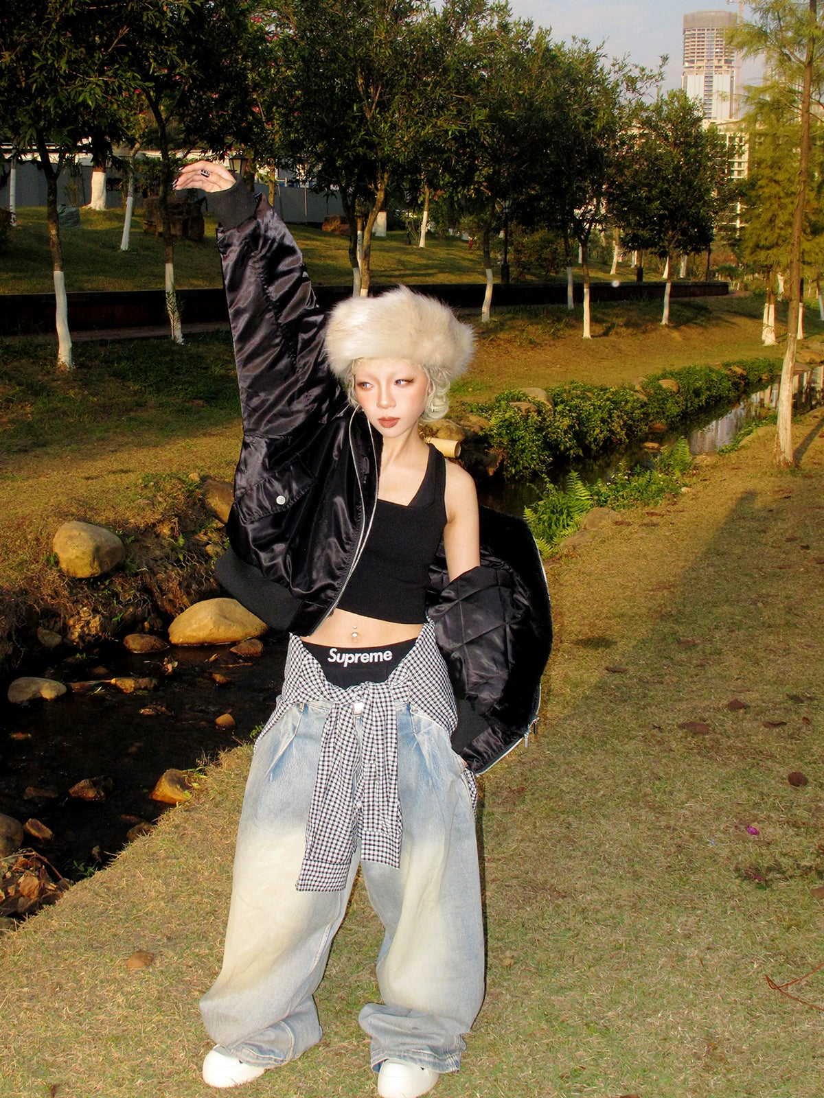 Washed Drape Wide Leg Denim Jeans