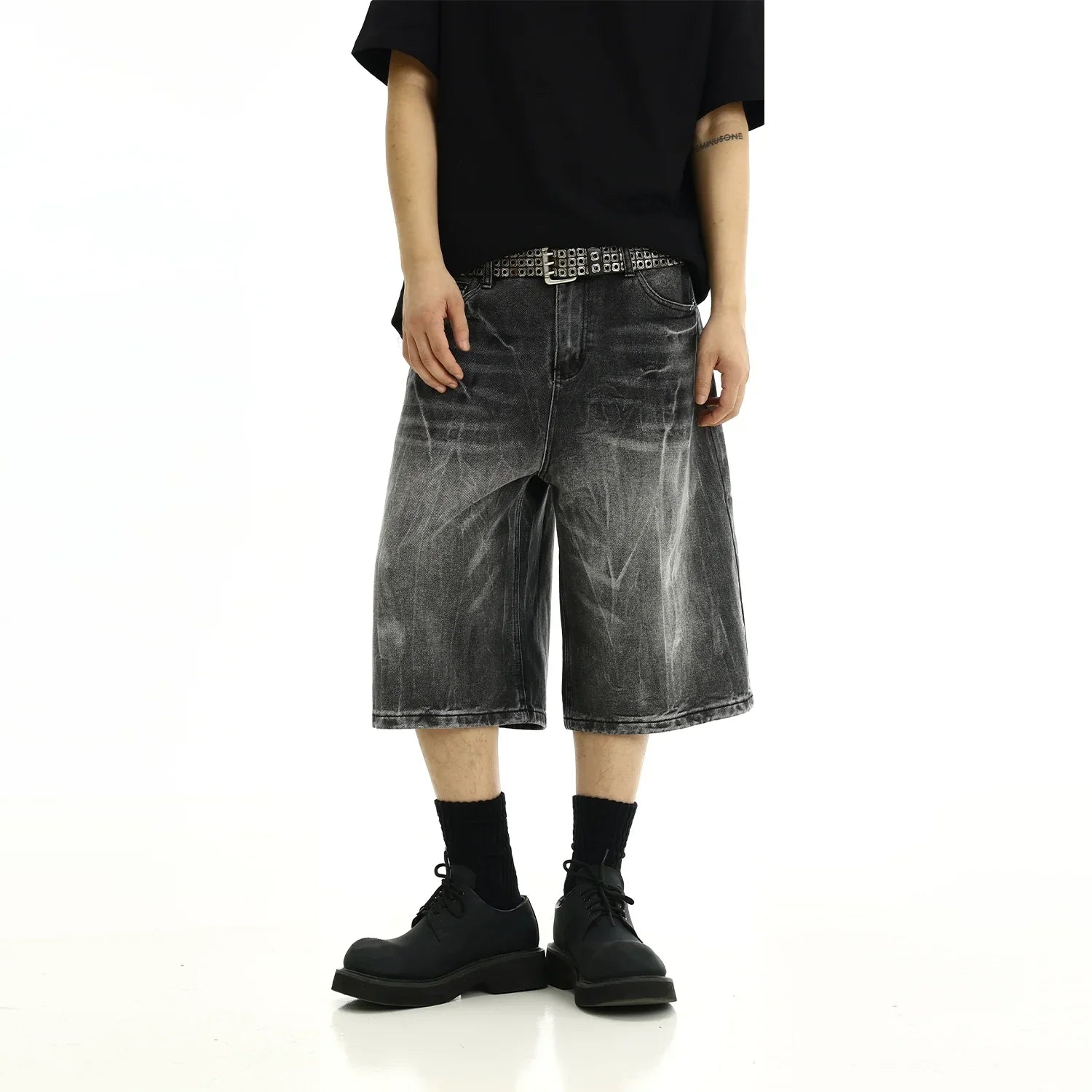 Washed Wide Leg Straight Denim Short Pants