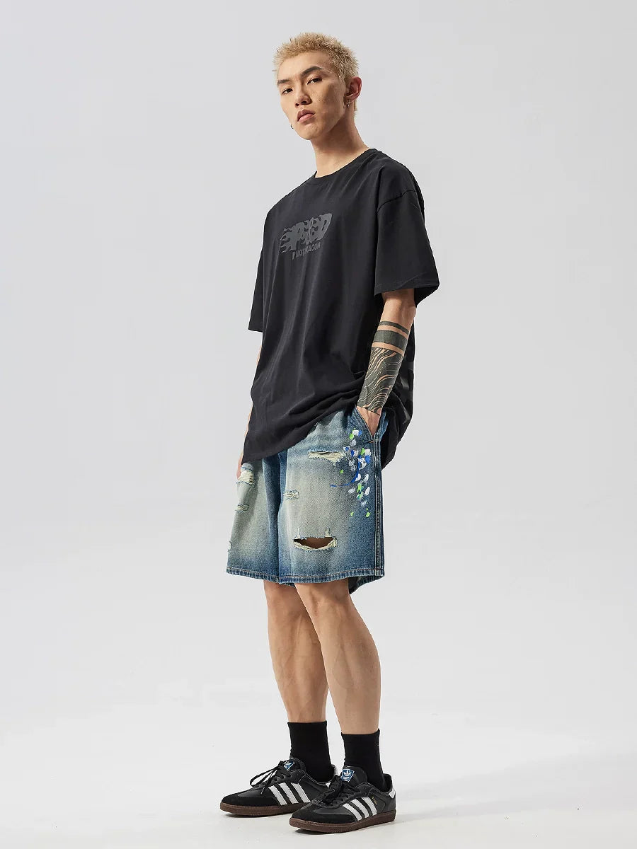 Raw Hem Damage Drawstring Washed Half Denim Jeans