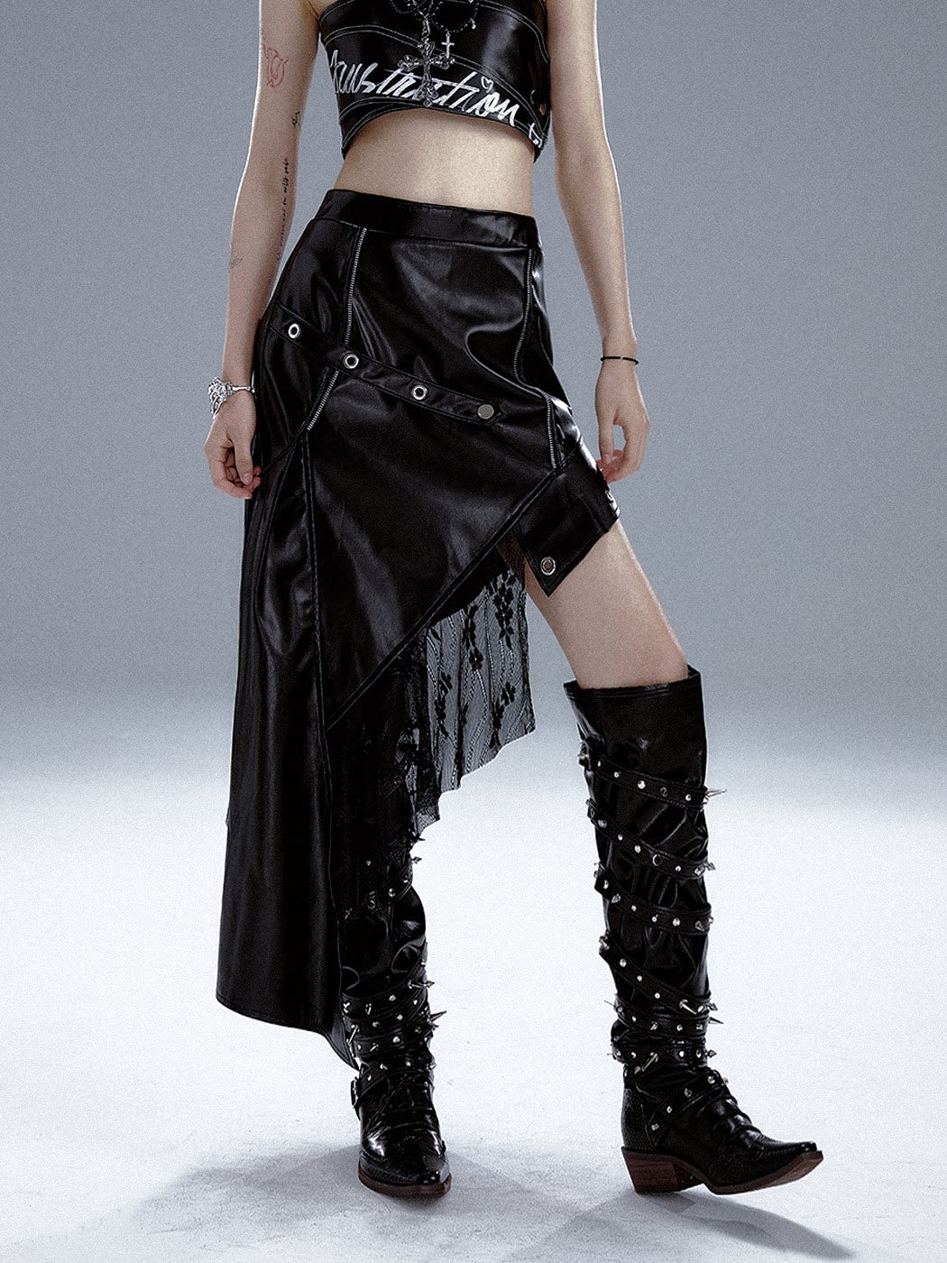 Asymmetric PU Leather Mesh Patchwork Skirt
