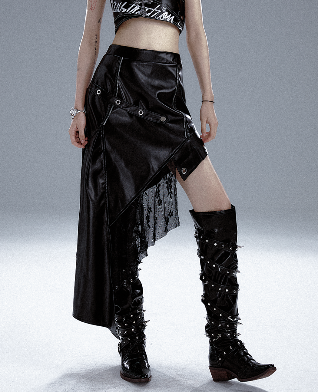 Asymmetric PU Leather Mesh Patchwork Skirt
