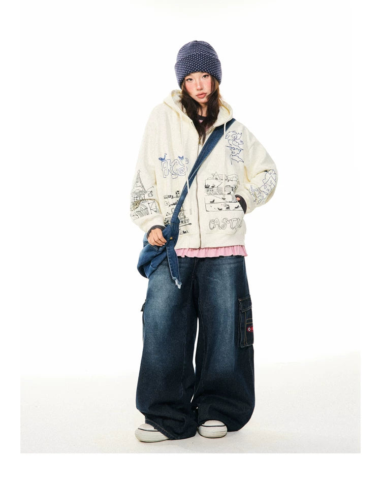 Graphic Print Oversize Zipper Hoodie