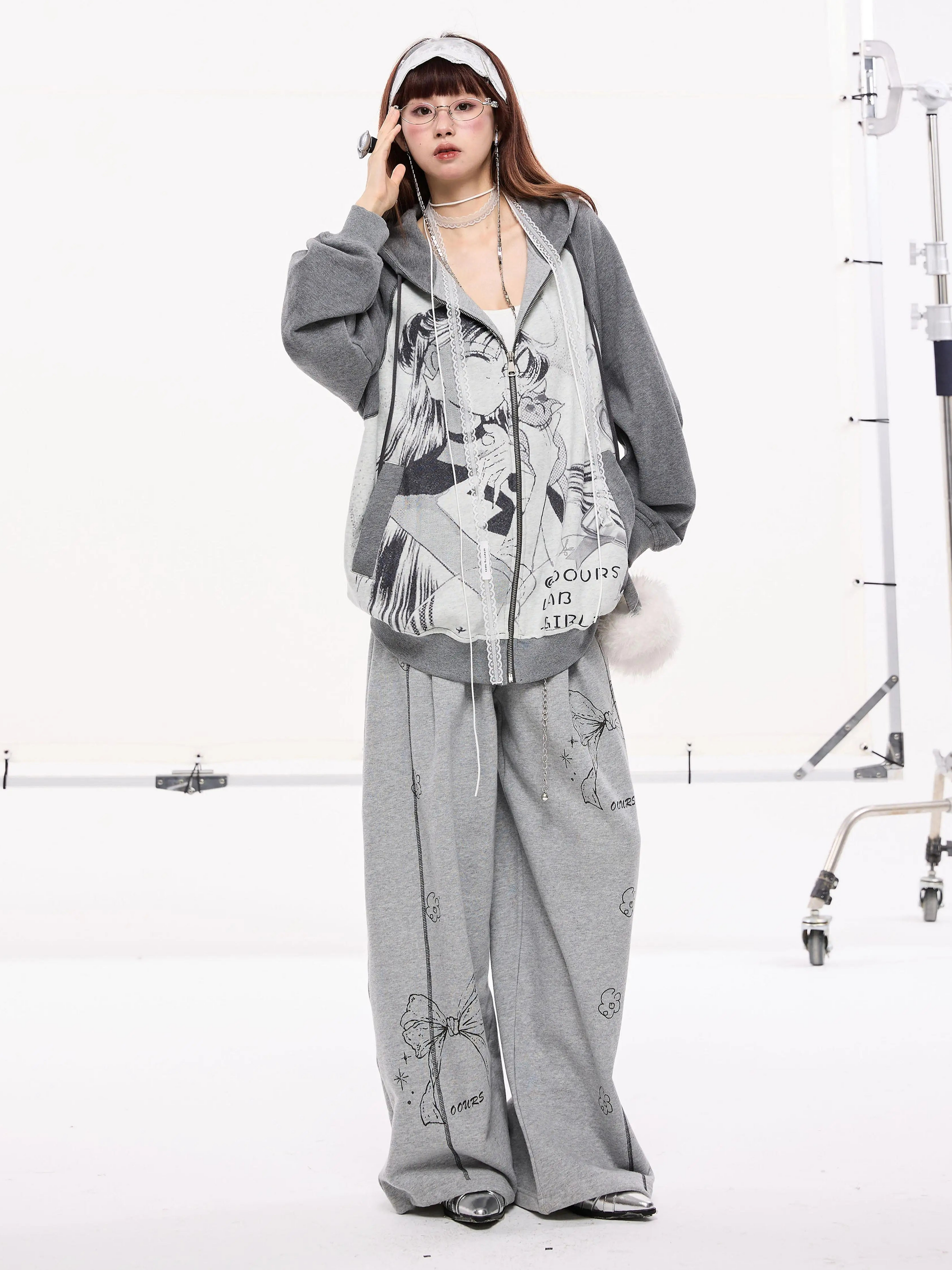 Bow Print Contrast Lace Trim Wide-Leg Sweatpants