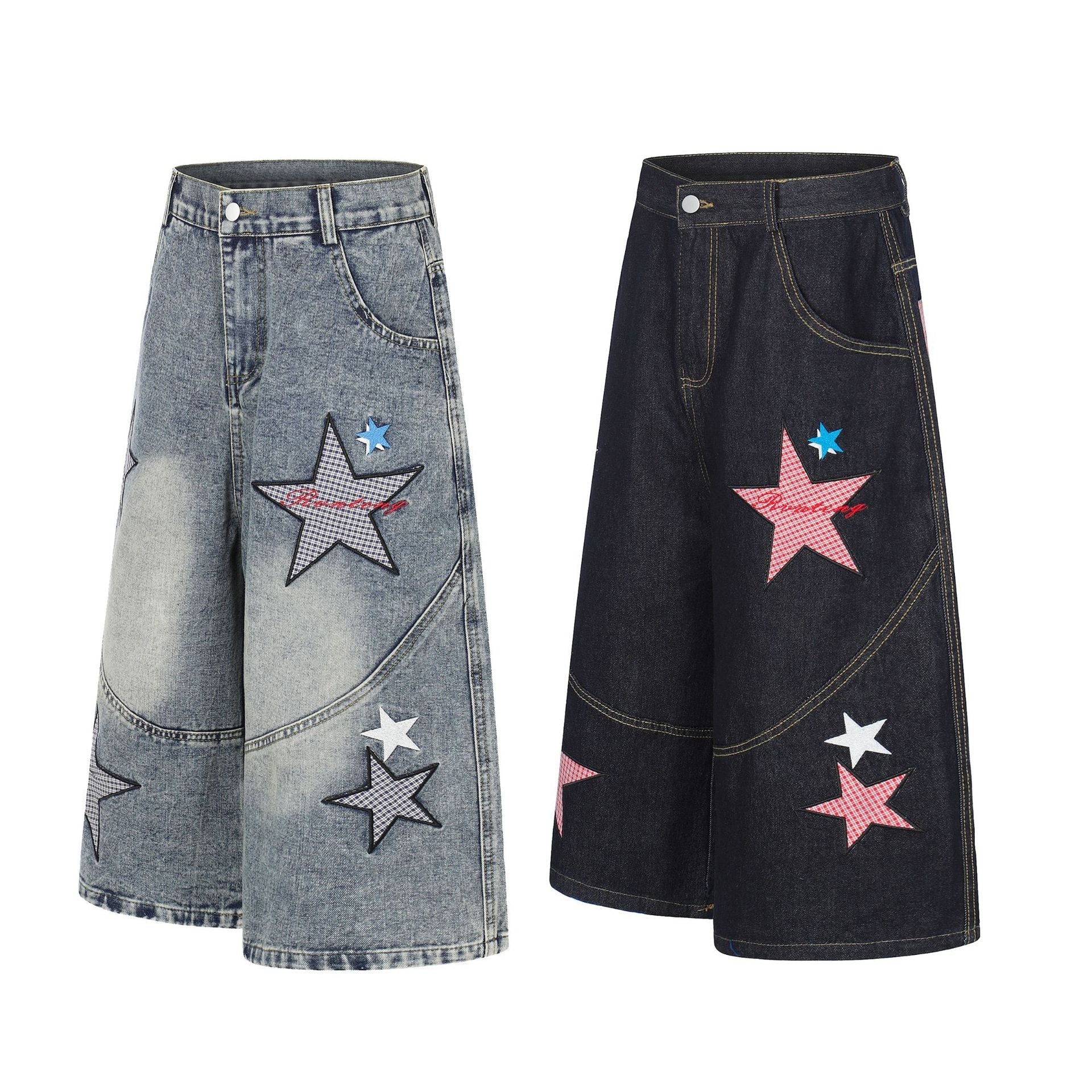 Star Patch Embroidery Denim Wide Leg Jort