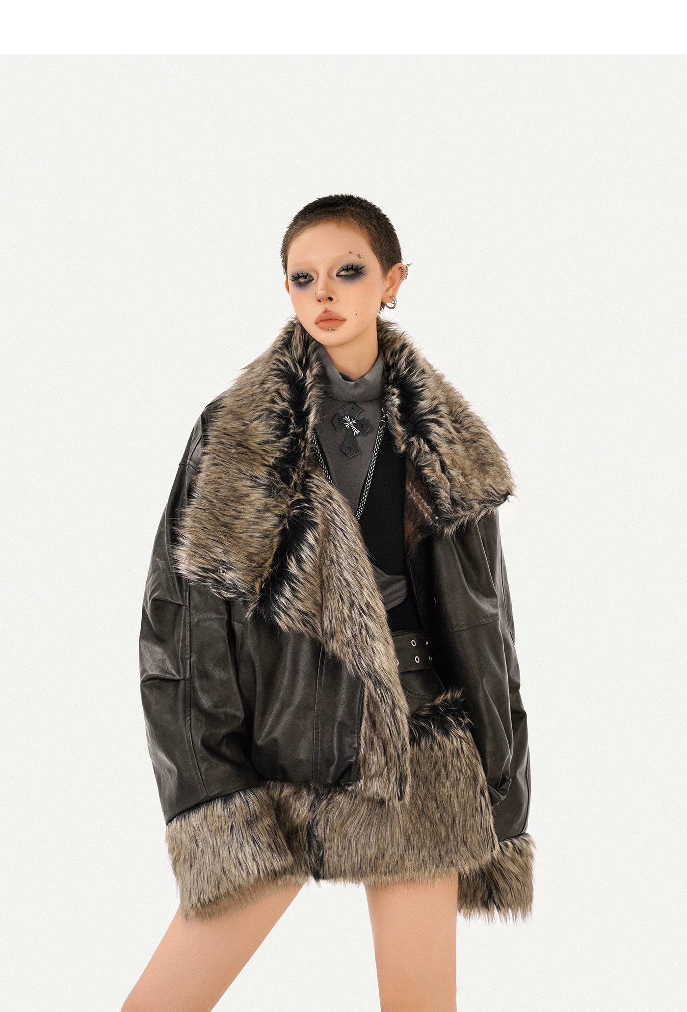 Reversible Fake Fur PU Leather Jacket & Skirt Setup
