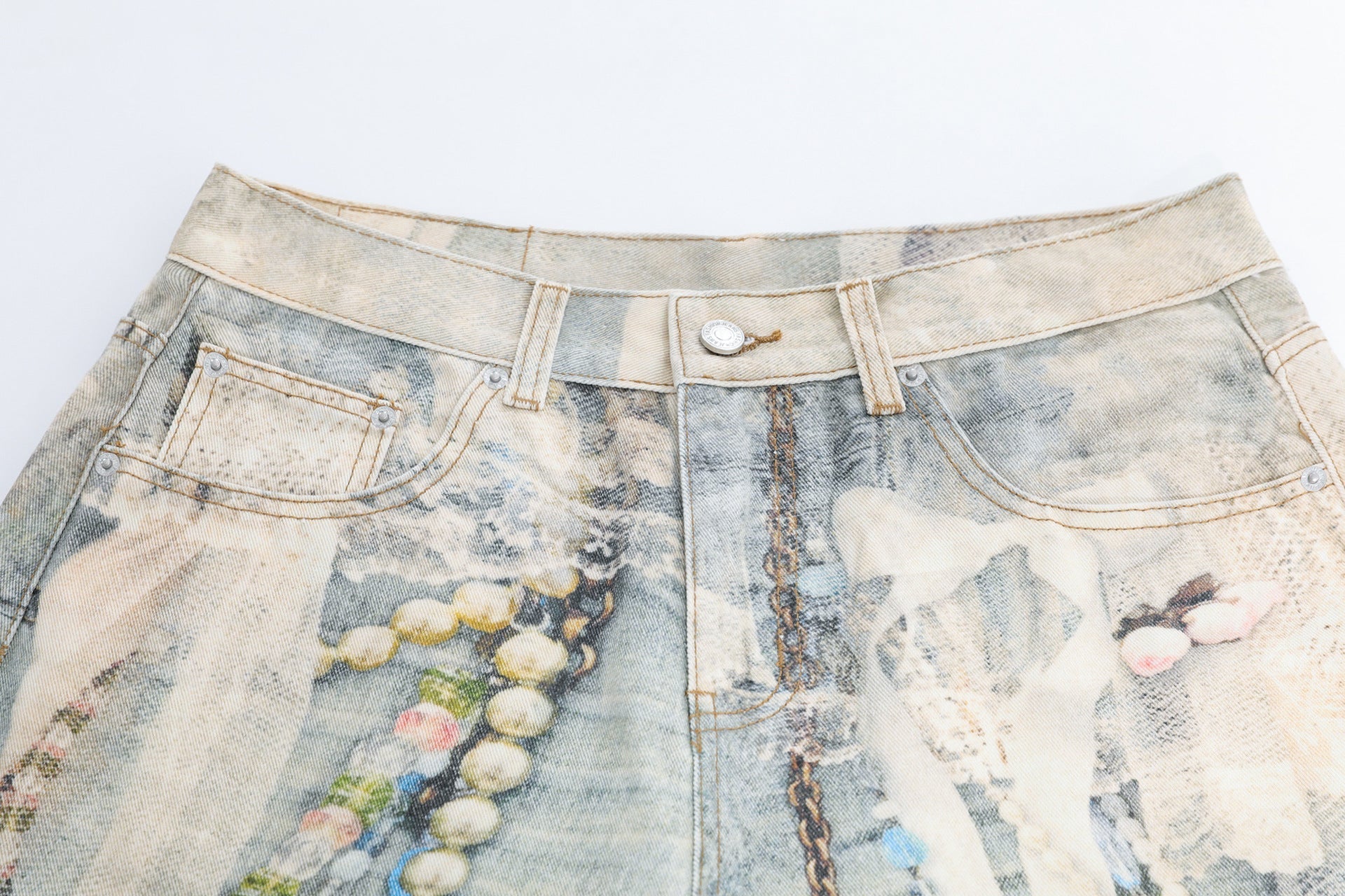 Pearl Chain Collage Print Denim Jort