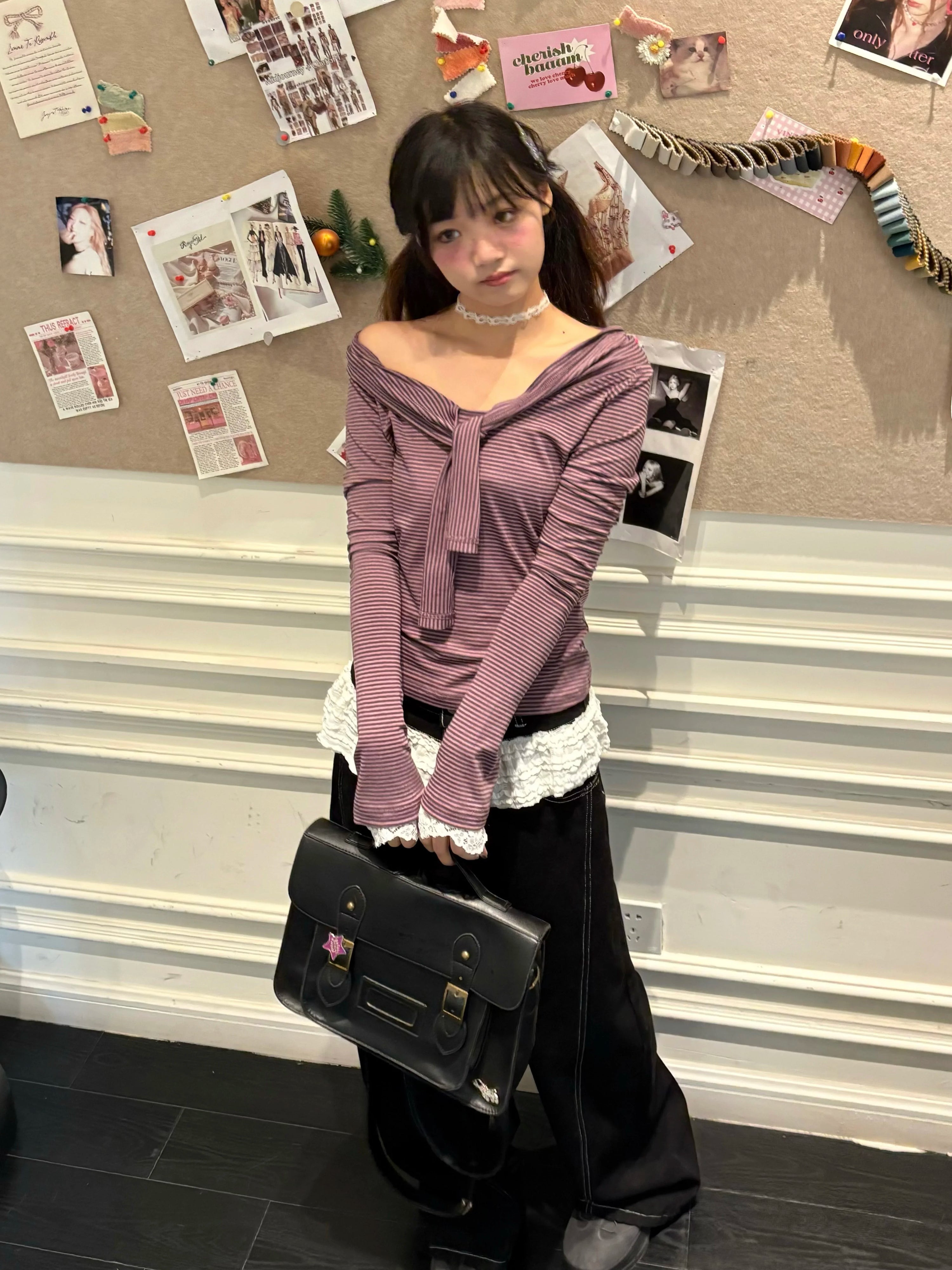 Striped Lace Trim Tie Detail Long Sleeve T-Shirt