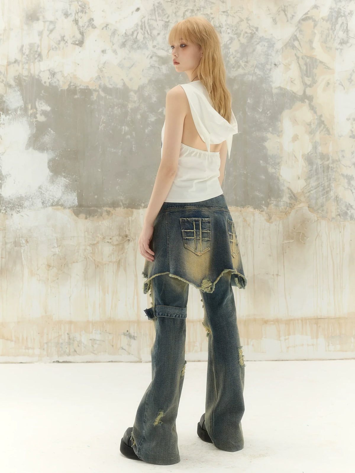 Washed Low-Waist Flare Denim Jeans & Short Skirt