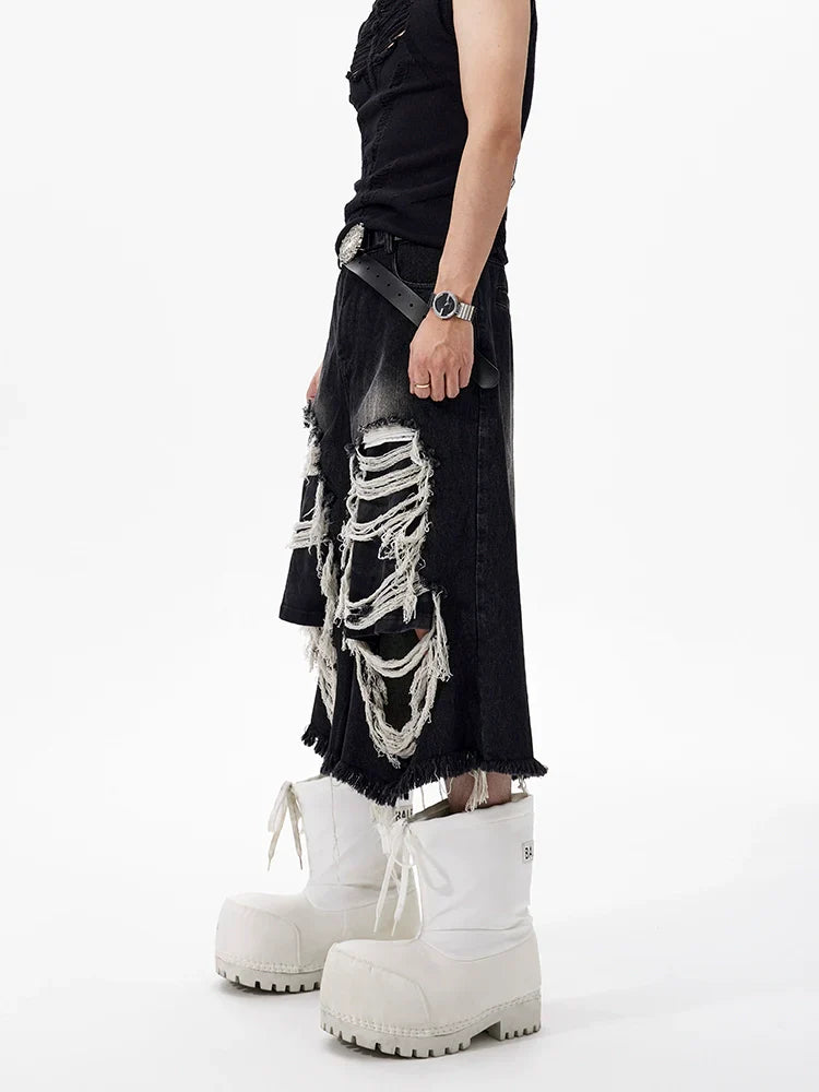 Washed Damage Patch Black Denim Short