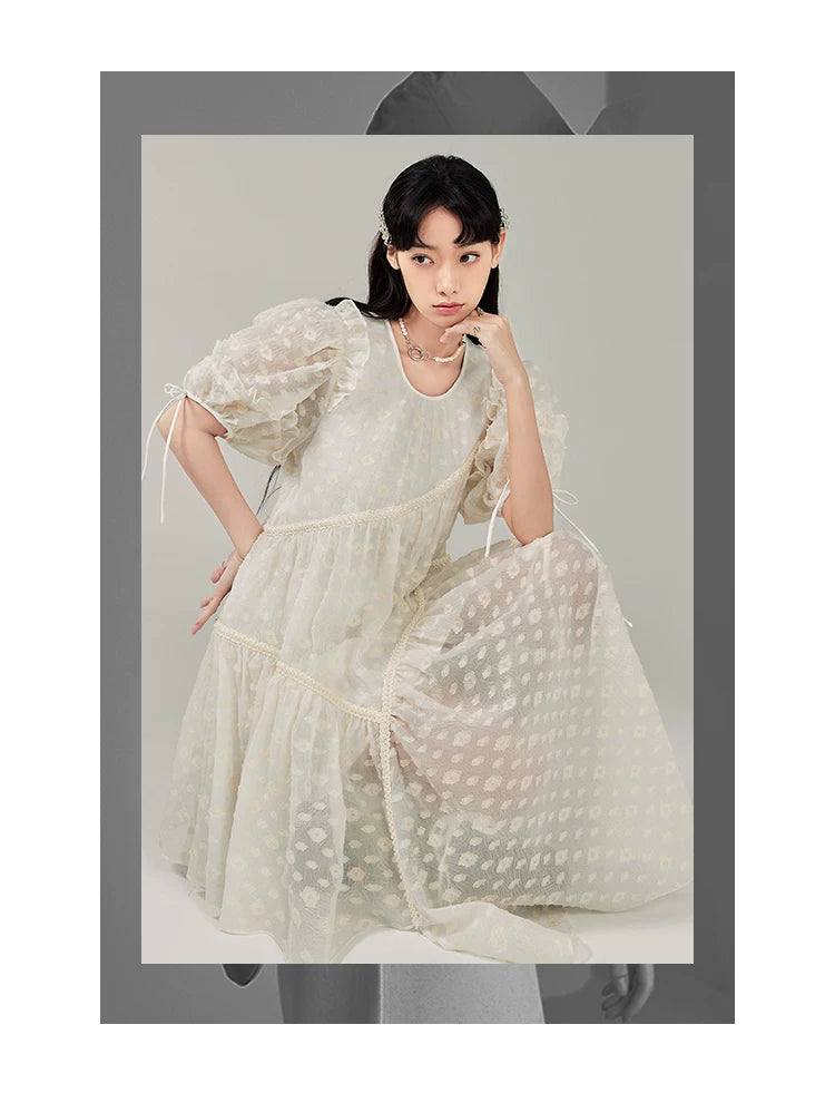 Jacquard Design Short Sleeve Dress With Irregular Hem Length