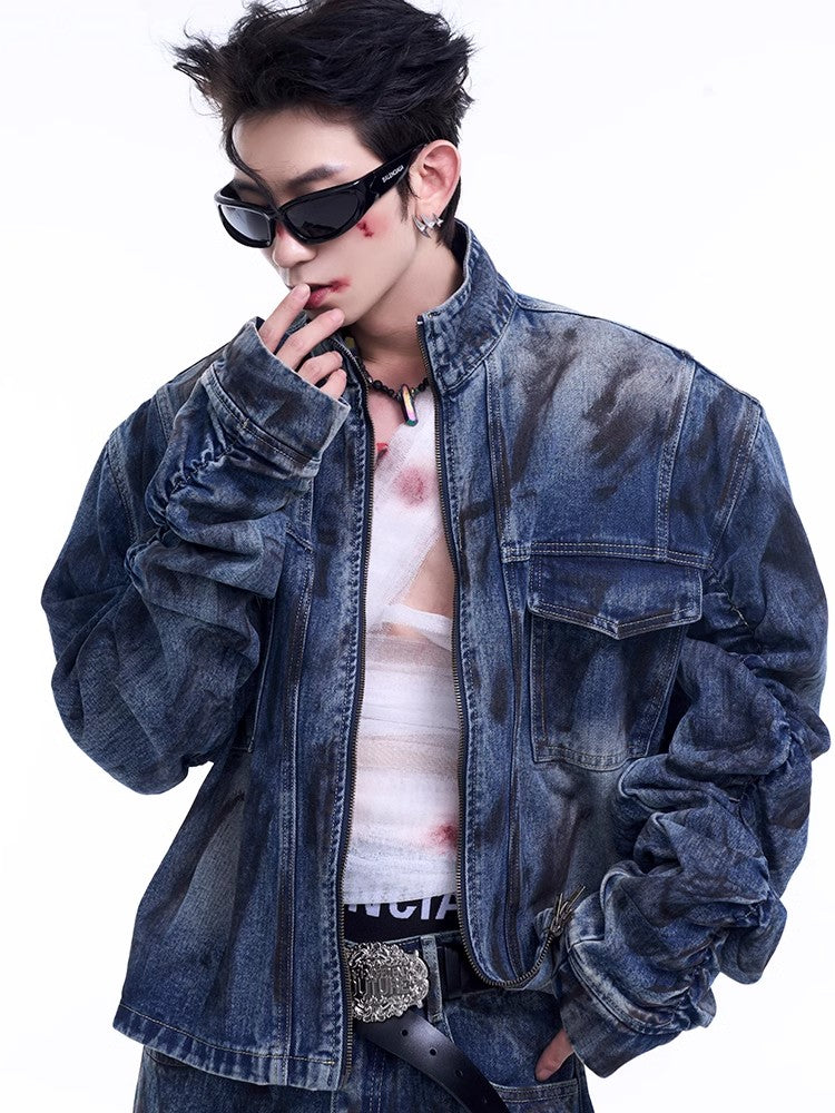 Wrinkles Sleeve Stand Neck Denim Jacket & Micro Flare Denim Jeans Setup
