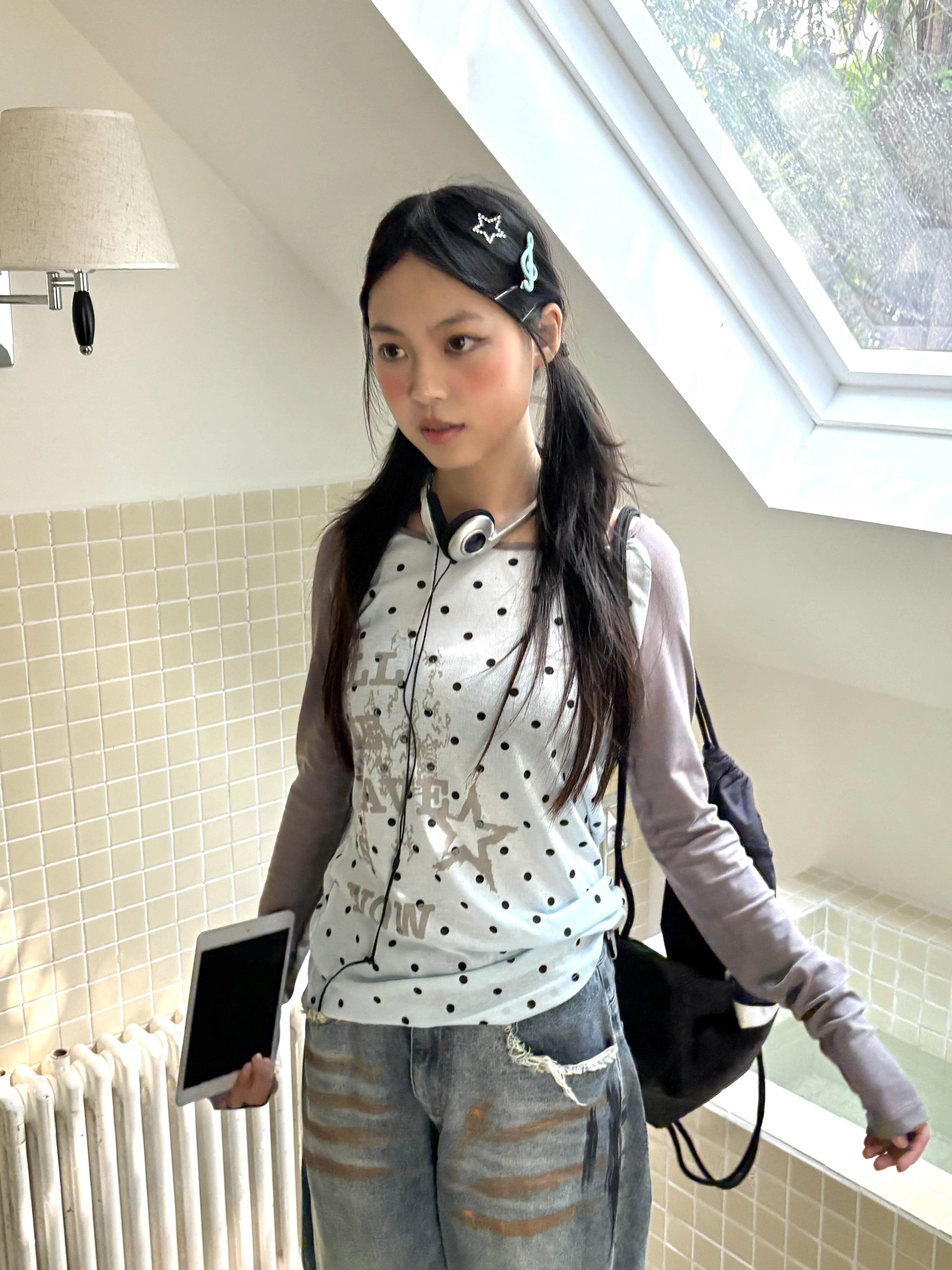 Polka Dot Letter Print Fake Layered Fitted Long Sleeve T-Shirt