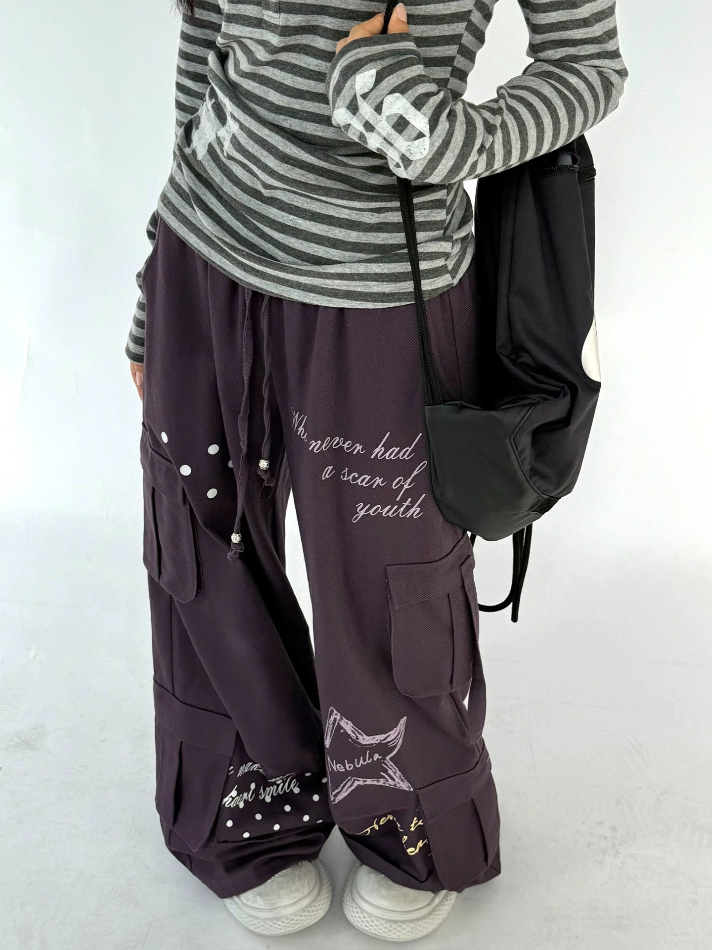 Multi-Pocket Polka Dot Straight Pants