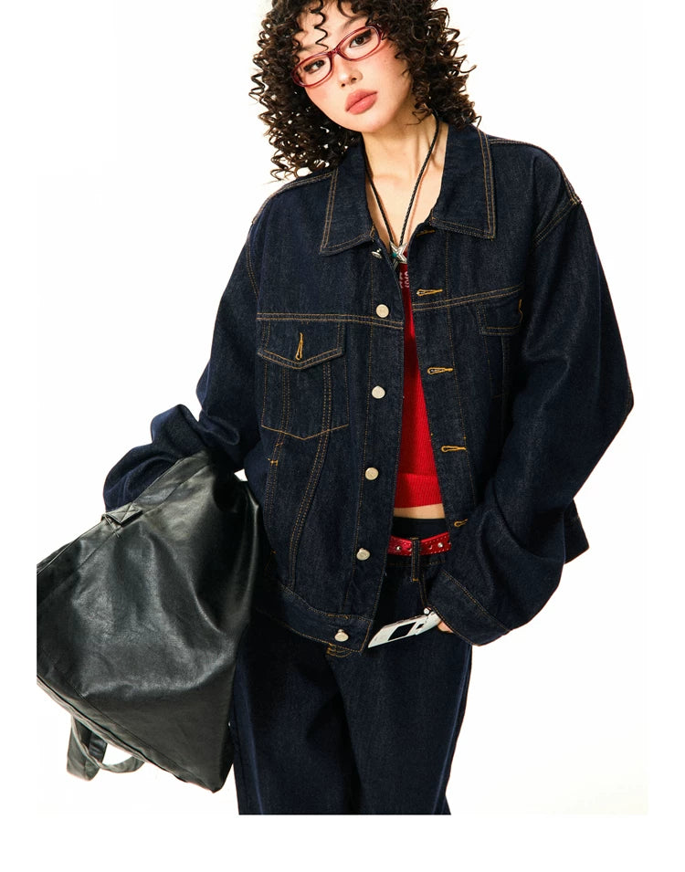 Button Oversize Denim Jacket & Wide Leg Denim Jeans Setup