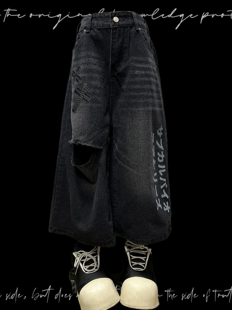 Letter Damage Wide-Leg Straight Half Denim Jeans & Belt & Chain