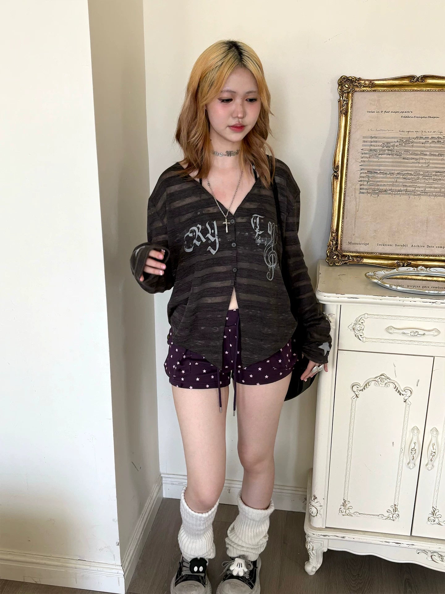 Striped Note Print Star Print Cardigan