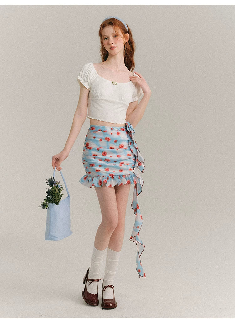 Hand Painted Rose Floral Camisole & Short Skirt Setup